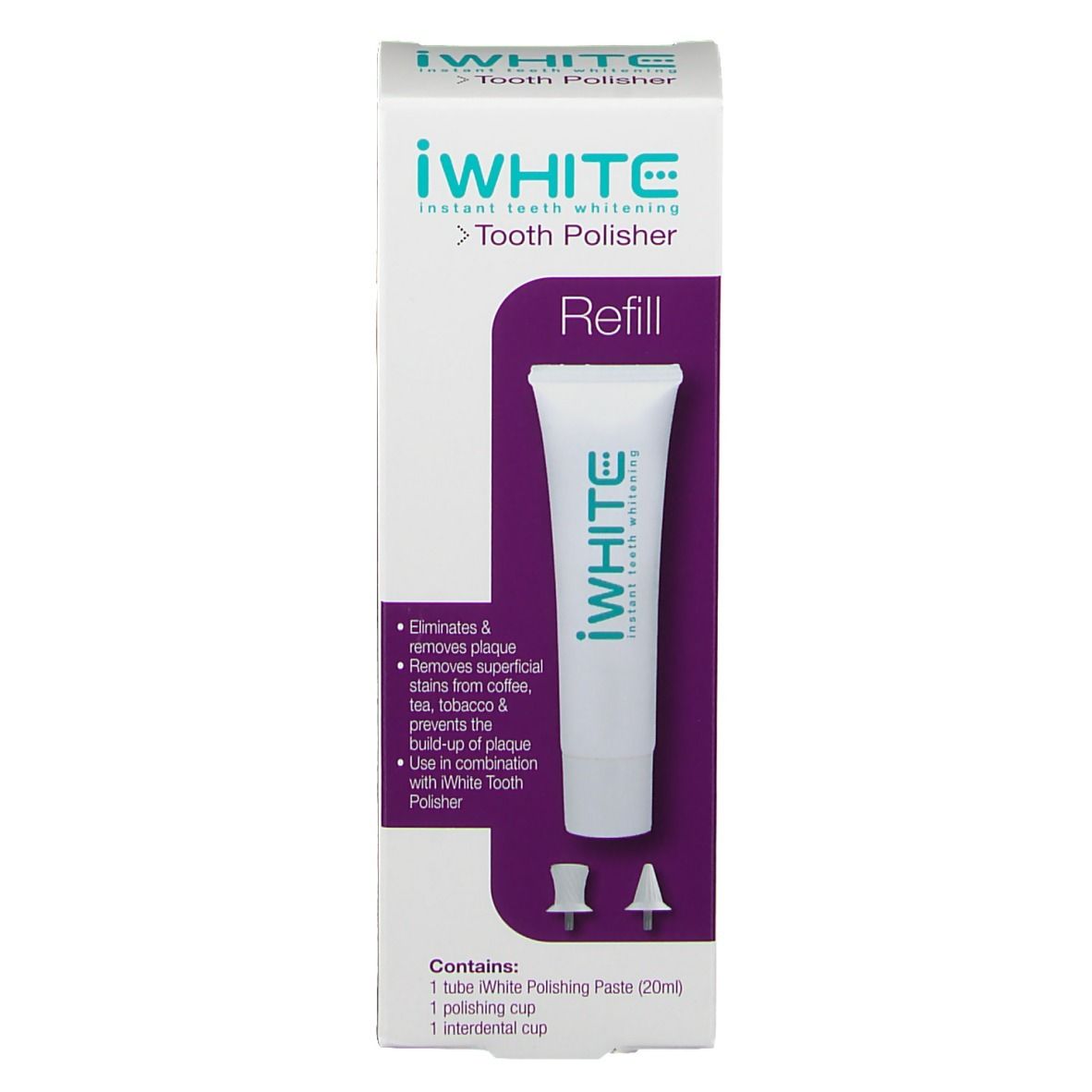 Verpackung mit Tube und Zubehör. Produktname: iWHITE Tooth Polisher Refill.