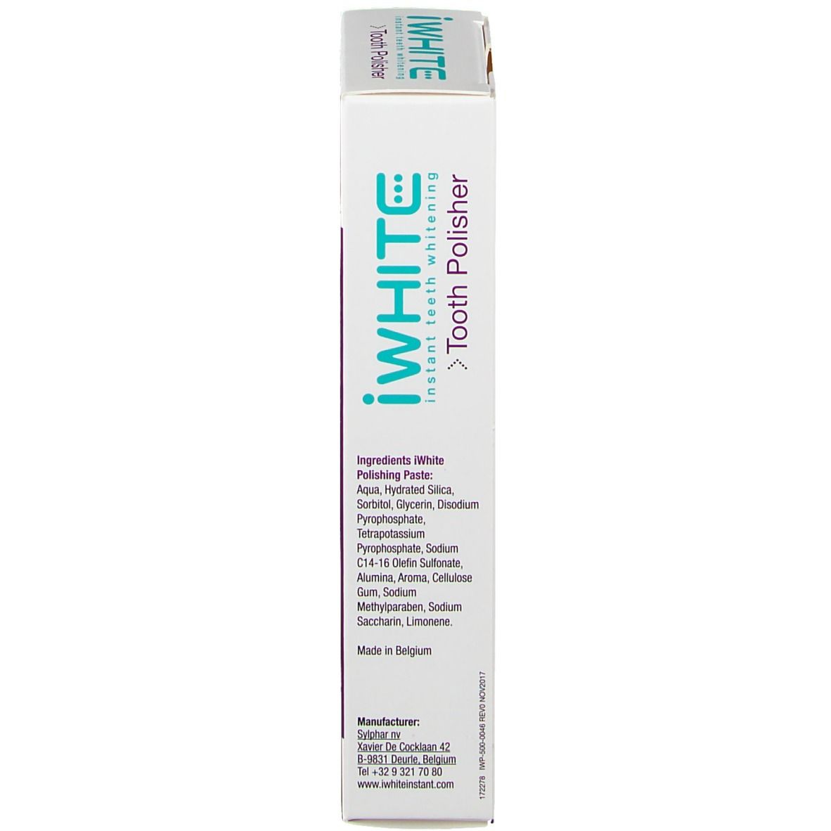 Verpackung mit Inhaltsstoffen und Herstellerinformationen. Produktname: iWHITE Tooth Polisher.