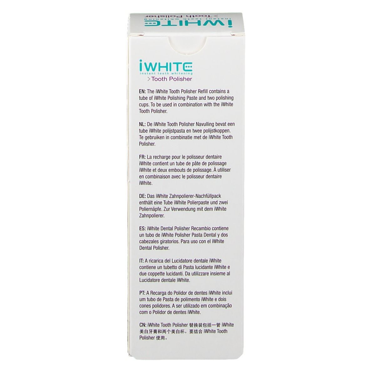 Verpackung mit Text in mehreren Sprachen. Produktname: iWHITE Tooth Polisher Refill.