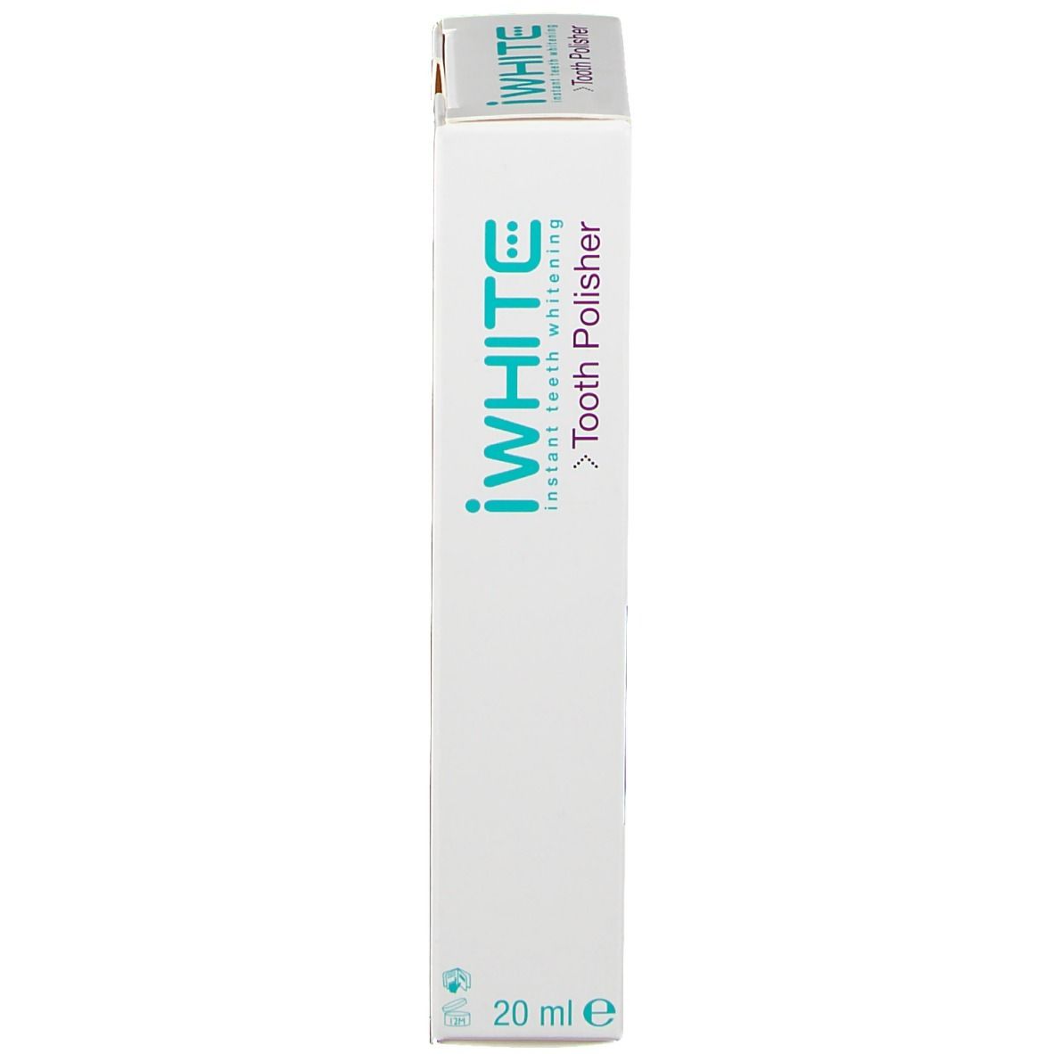 Schmale Verpackung mit Produktname: iWHITE Tooth Polisher. Volumen: 20 ml.