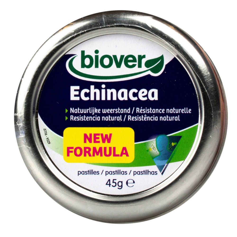 Boîte ronde avec "Biover Echinacea". Label "New Formula". 45g. Texte en néerlandais, français et espagnol.