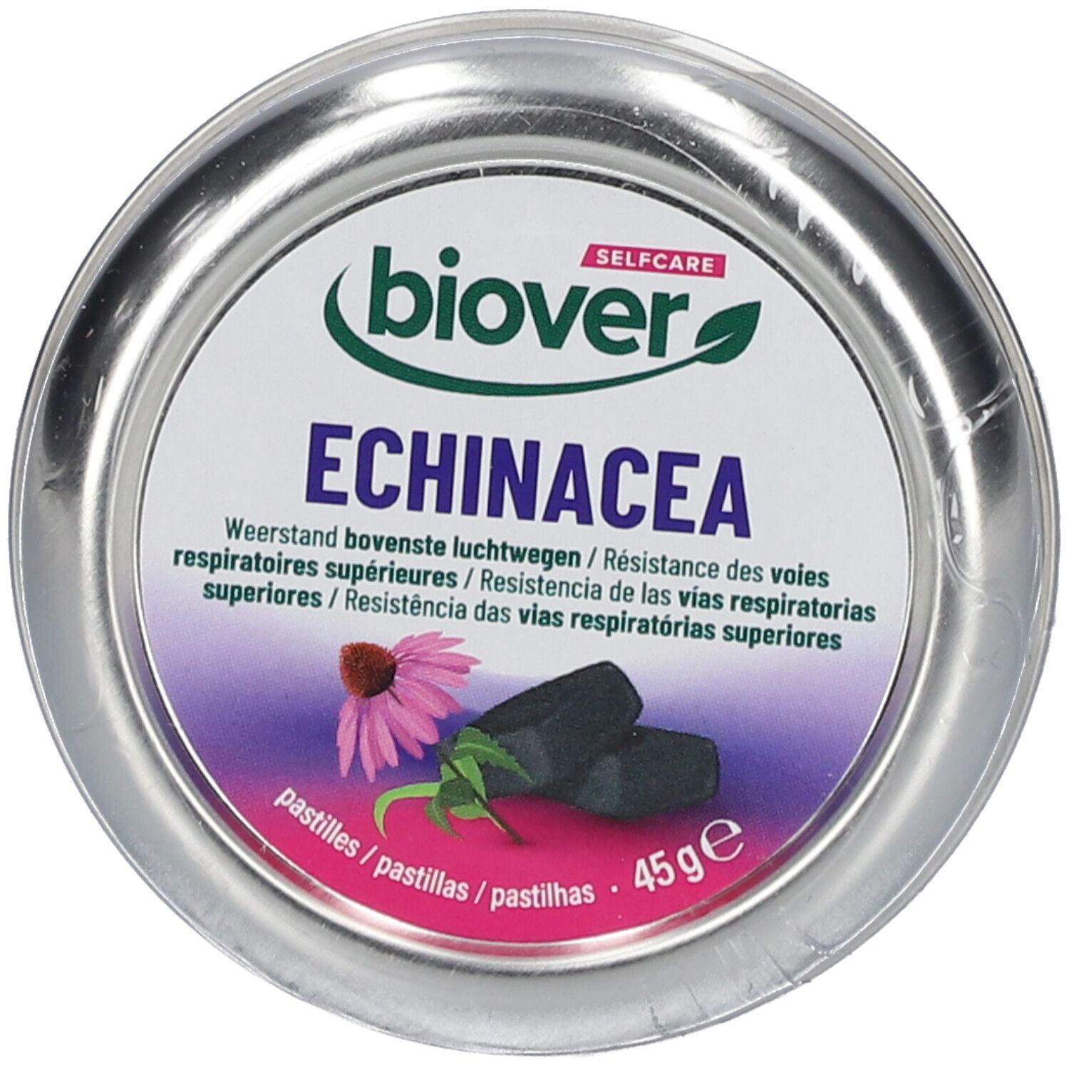 Boîte ronde avec "Biover Echinacea". Texte pour les voies respiratoires supérieures. 45g.