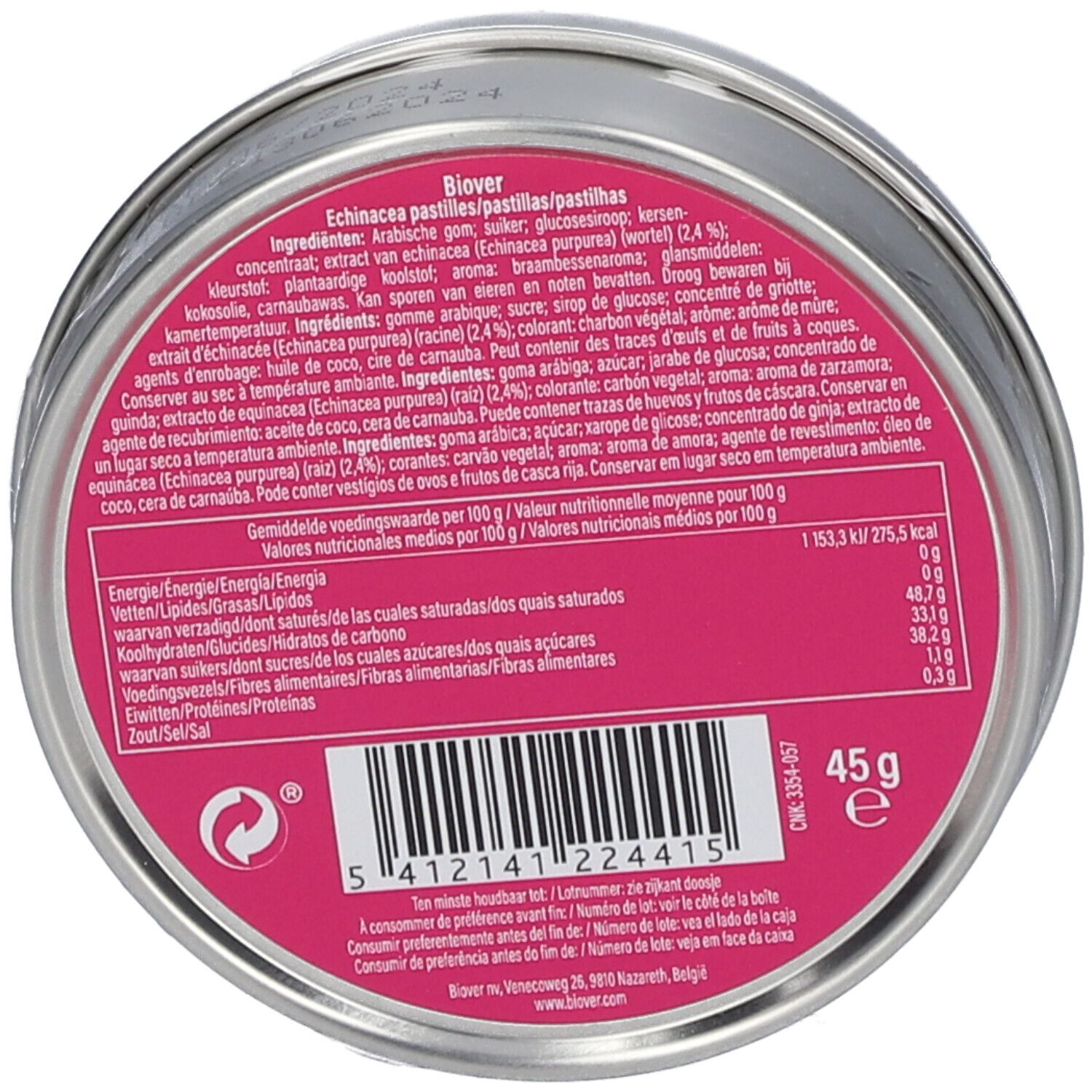 Fond de boîte avec ingrédients et informations nutritionnelles. 45g. Texte en plusieurs langues.