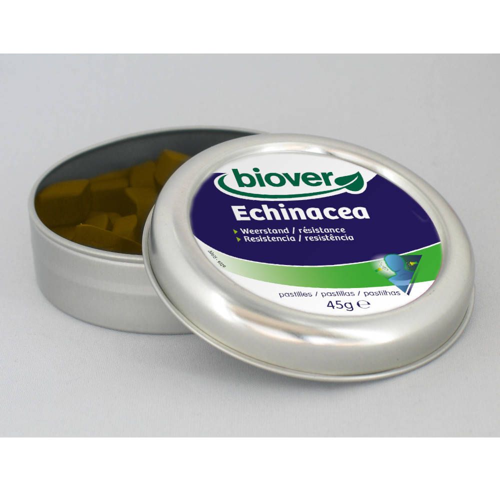 Boîte ouverte avec pastilles brunes. Étiquette "Biover Echinacea" sur le couvercle. 45g.