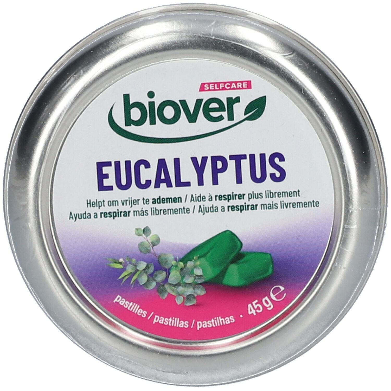 Boîte ronde avec pastilles vertes. Sur le couvercle, "biover Eukalyptus".