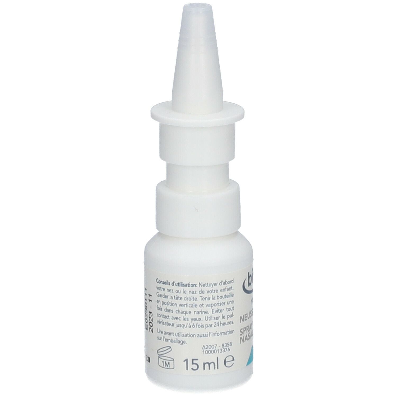 Flacon pulvérisateur blanc avec tête de pulvérisation blanche. Inscription: biover MEDICAL NEUSSSPRAY SPRAY NASAL. Avec texte.
