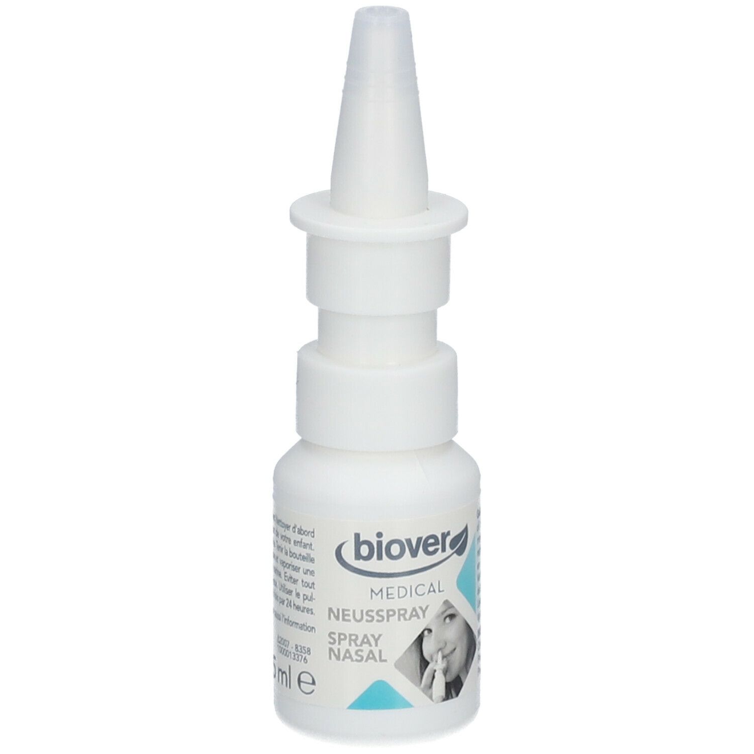Flacon pulvérisateur blanc avec tête de pulvérisation blanche. Inscription: biover MEDICAL NEUSSSPRAY SPRAY NASAL. Avec texte.