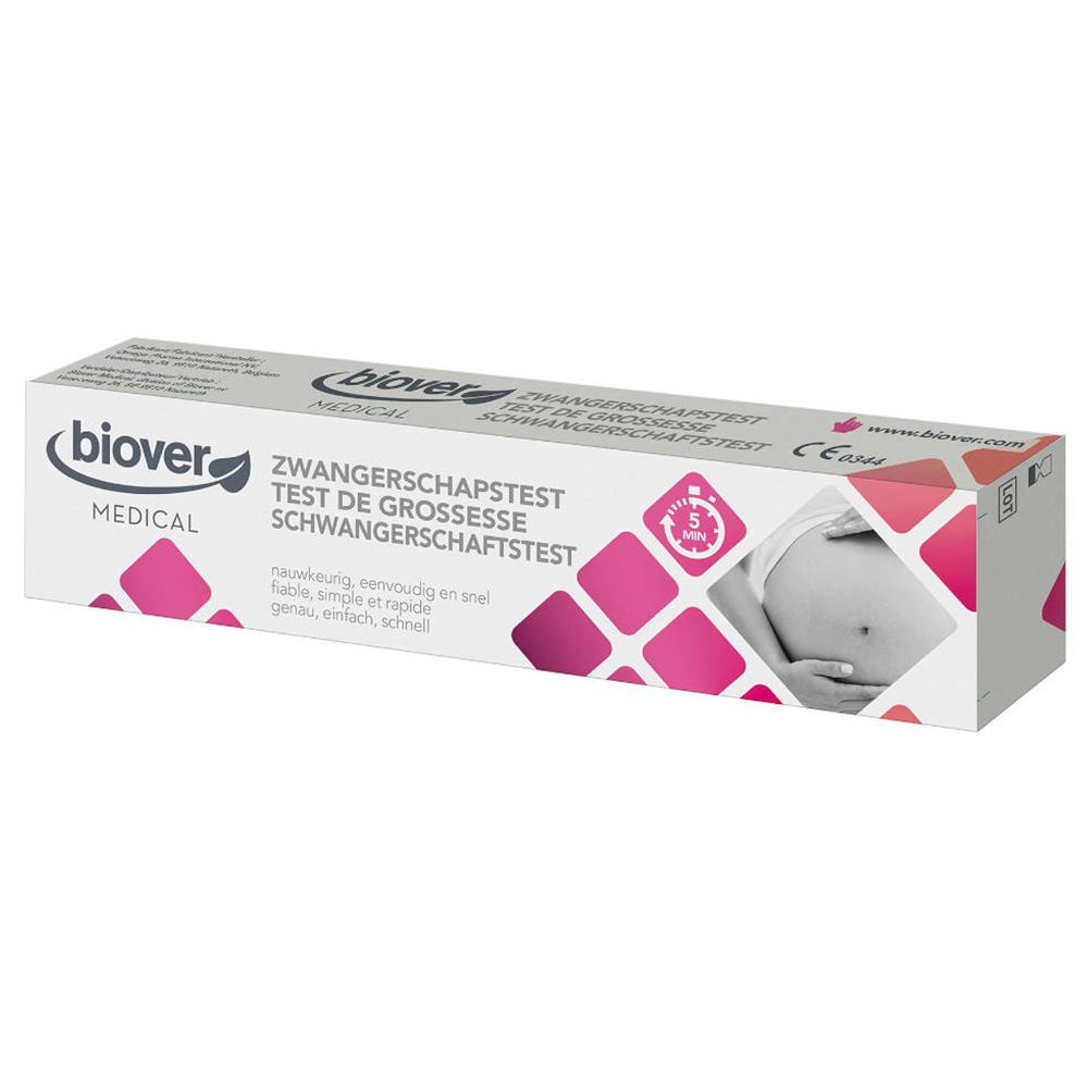 Biover MEDICAL Zwangerschapstest verpakking. Wit, roze en grijs. Tekst: ZWANGERSCHAPSTEST, TEST DE GROSSESSE.