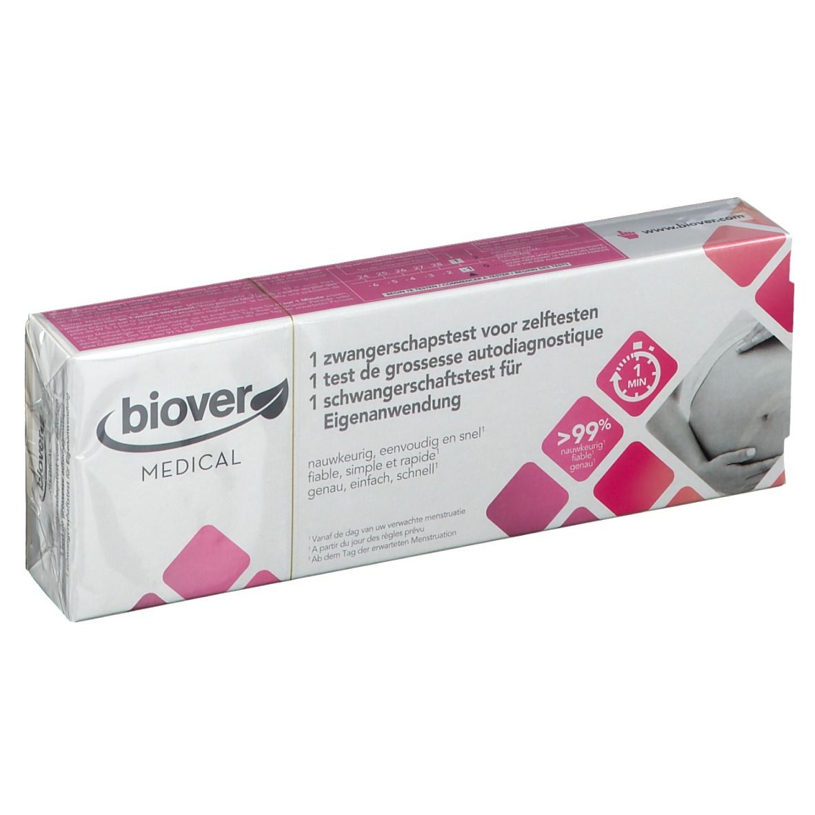 Biover MEDICAL Zwangerschapstest verpakking. Wit, roze en grijs. Tekst: 1 test, >99% nauwkeurigheid, 1 minuut.