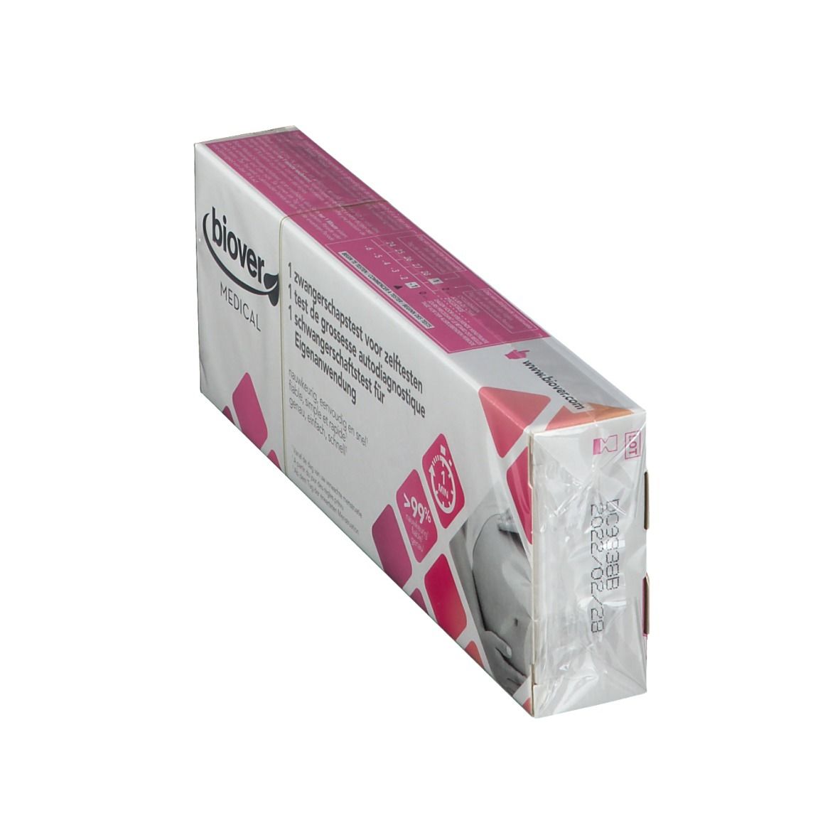 Biover MEDICAL Zwangerschapstest verpakking. Wit, roze en grijs. Tekst: 1 test, >99% nauwkeurigheid, 1 minuut.