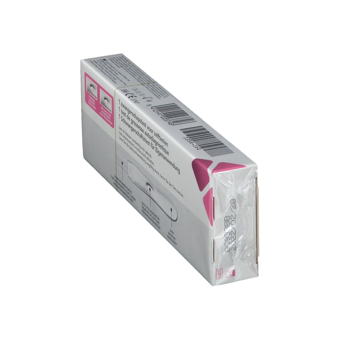 Biover MEDICAL Zwangerschapstest verpakking. Wit, roze en grijs. Tekst: 1 test, >99% nauwkeurigheid, 1 minuut.