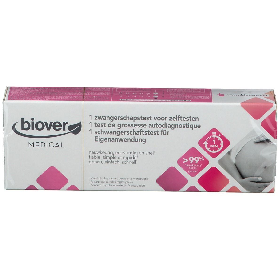 Biover MEDICAL Zwangerschapstest verpakking. Wit, roze en grijs. Tekst: 1 test, >99% nauwkeurigheid, 1 minuut.