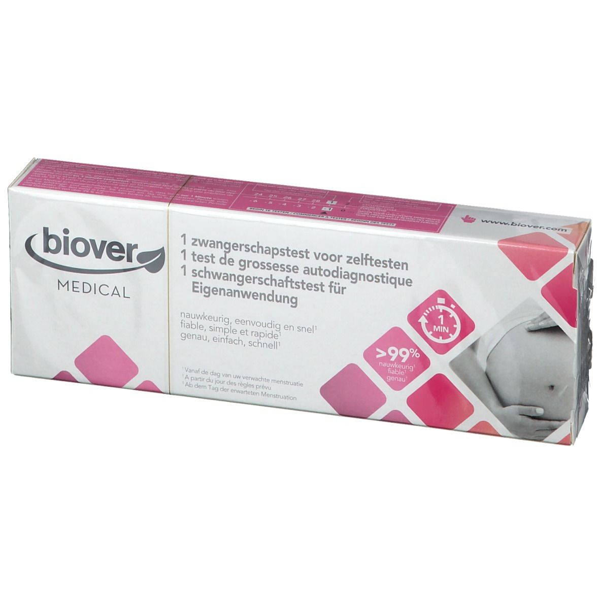 Biover MEDICAL Zwangerschapstest verpakking. Wit, roze en grijs. Tekst: 1 test, >99% nauwkeurigheid, 1 minuut.