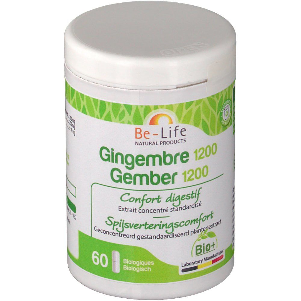Witte Be-Life pot met groen etiket. Opschrift: Gingembre 1200, Gember 1200, Confort digestif. Bevat 60 capsules.