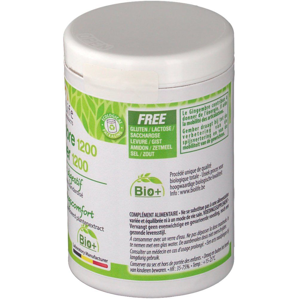 Achterkant van de witte Be-Life pot. Groen etiket met tekst en Bio+ logo. Bevat informatie over ingrediënten en voedingswaarde.