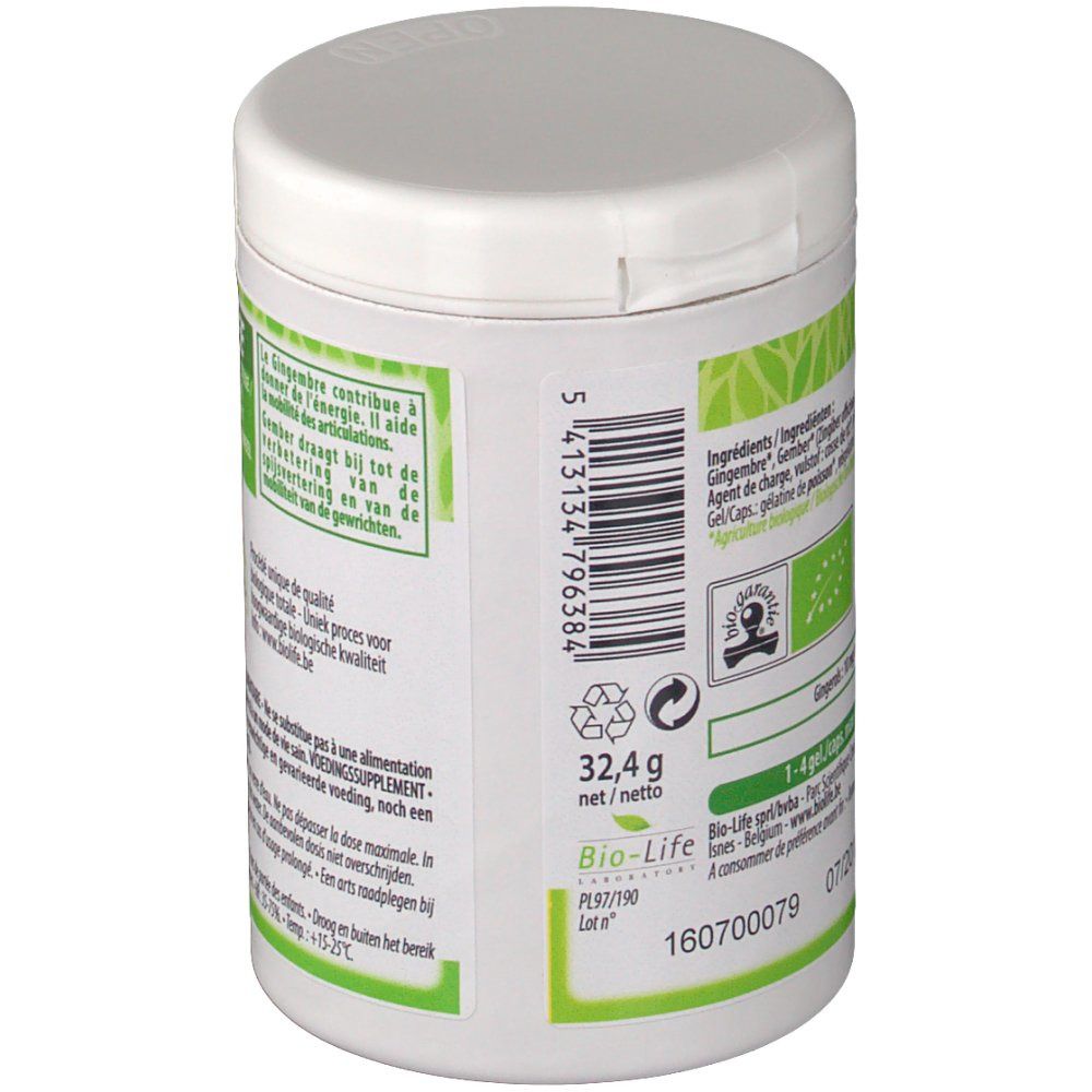 Zijaanzicht van de witte Be-Life pot. Groen etiket met tekst en barcode. Bevat informatie over gewicht en batchnummer.