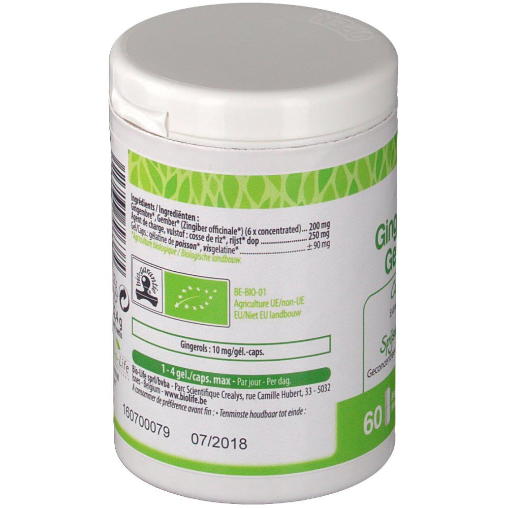 Zijaanzicht van de witte Be-Life pot. Groen etiket met ingrediënten en bio-certificering. Bevat 60 capsules.