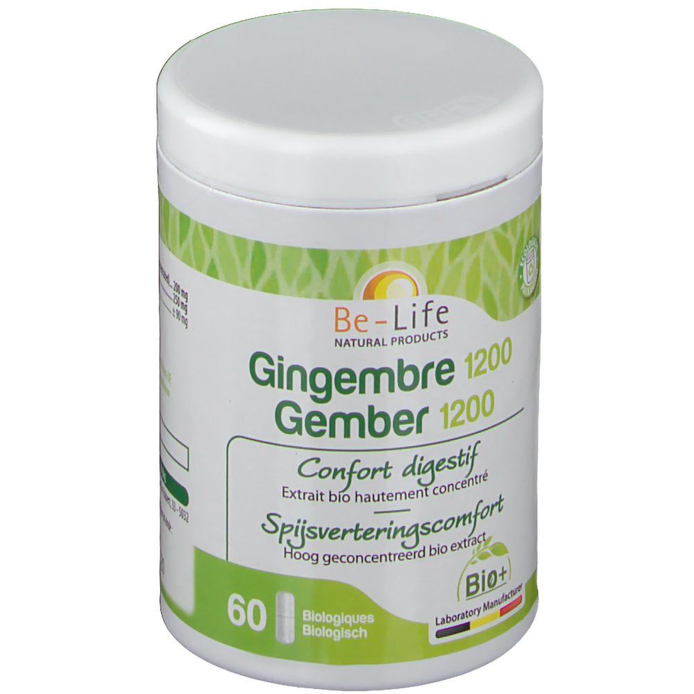 Witte Be-Life pot met groen etiket. Opschrift: Gingembre 1200, Gember 1200, Confort digestif. Bevat 60 capsules.