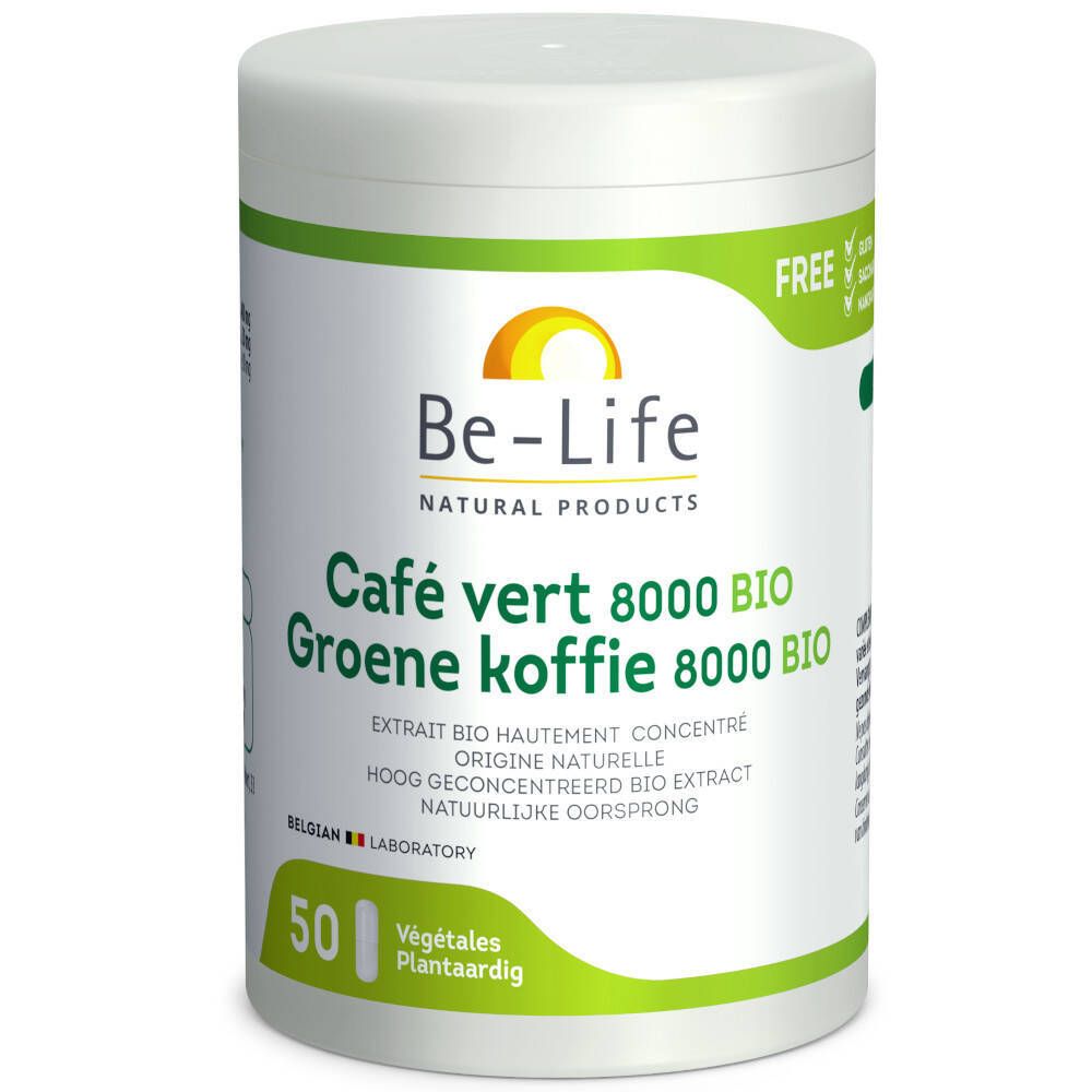 Pot Be-Life Café Vert 8000 BIO. Groen en wit, met groene accenten. Bevat 50 capsules. Tekst in het Frans en Nederlands.