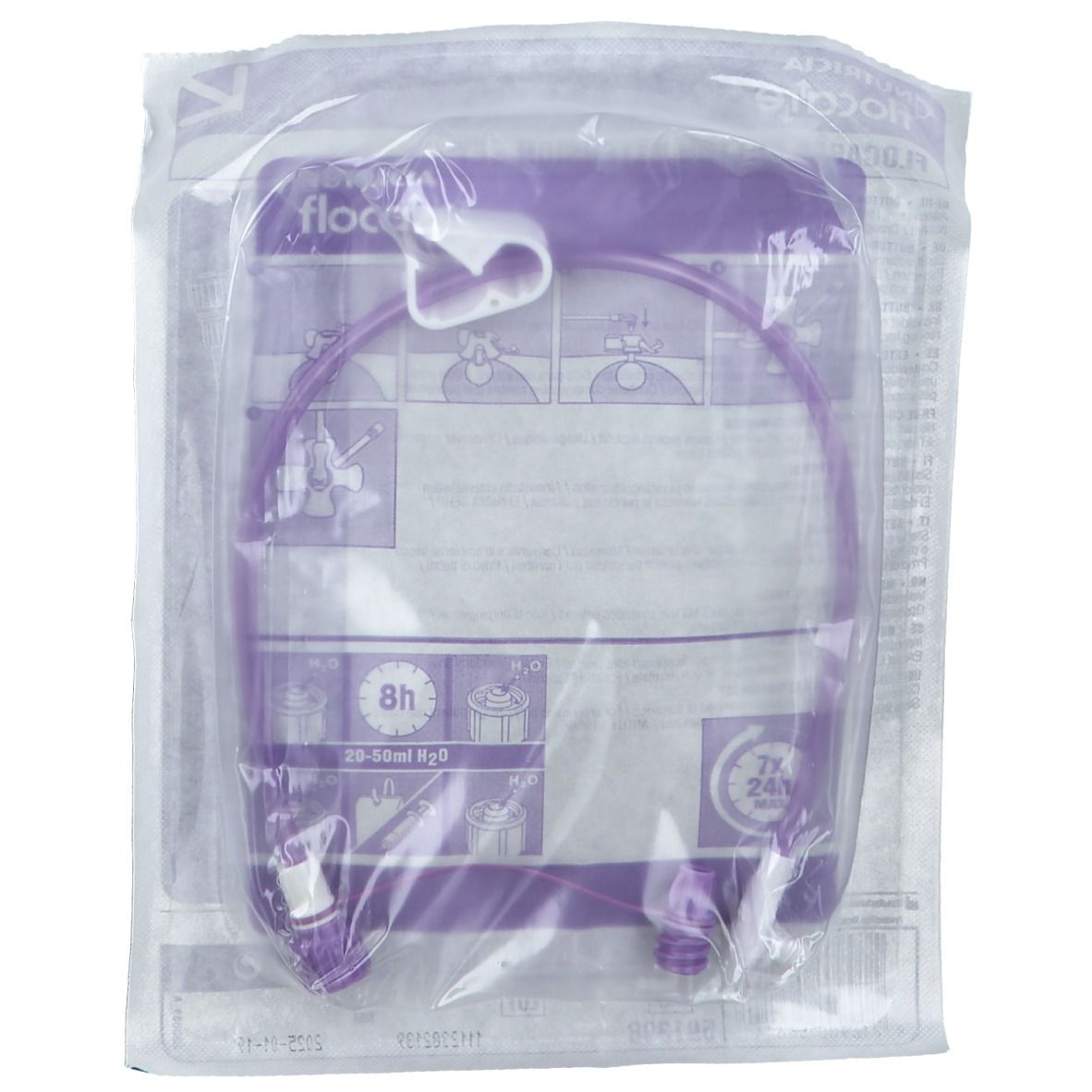 Extension Flocare violette emballée. Tube avec connecteurs Enfit. Inscriptions: 8h, 29-30ml H2O, 24h.
