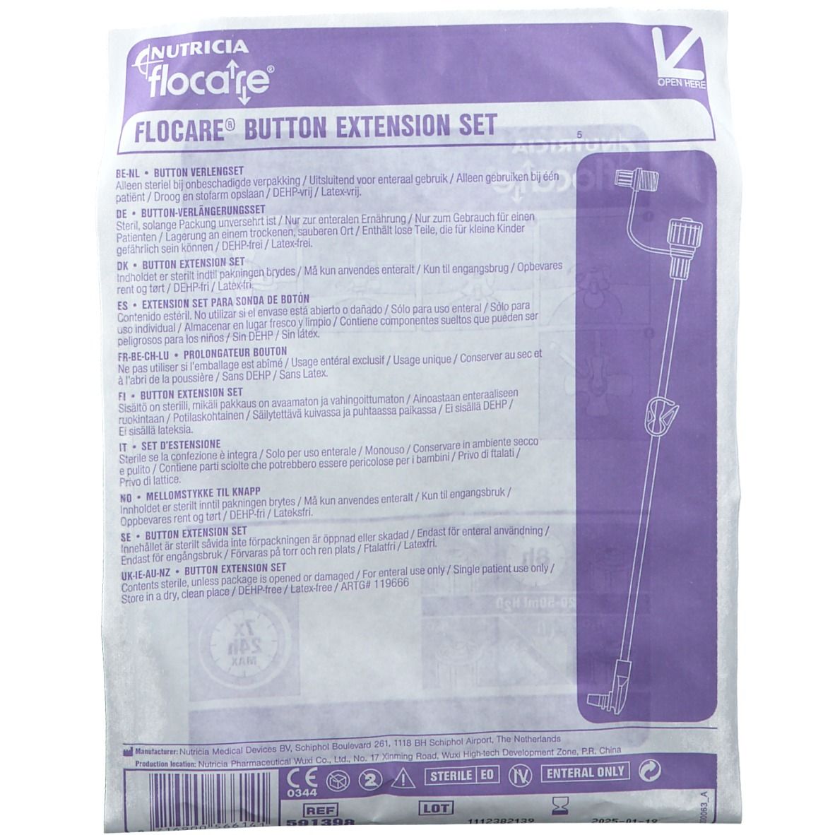 Emballage avec Flocare Button Extension Set. Illustration du set. Texte multilingue. Marque Nutricia Flocare.