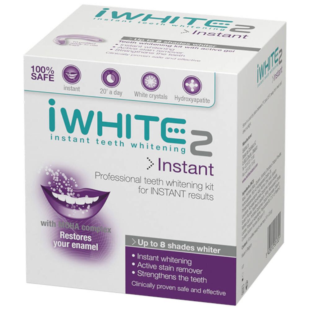 Schachtel mit iWHITE 2 Instant Zahnaufhellungs-Kit. Aufdrucke: Instant, 20 Minuten, White Crystals, Hydroxyapatit.