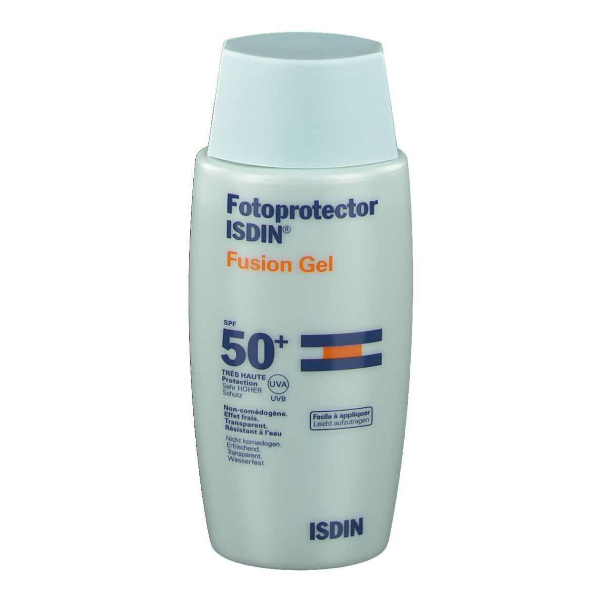 Flacon de crème solaire avec bouchon bleu. Inscription : Fotoprotector Fusion Gel SPF50+ d'ISDIN.
