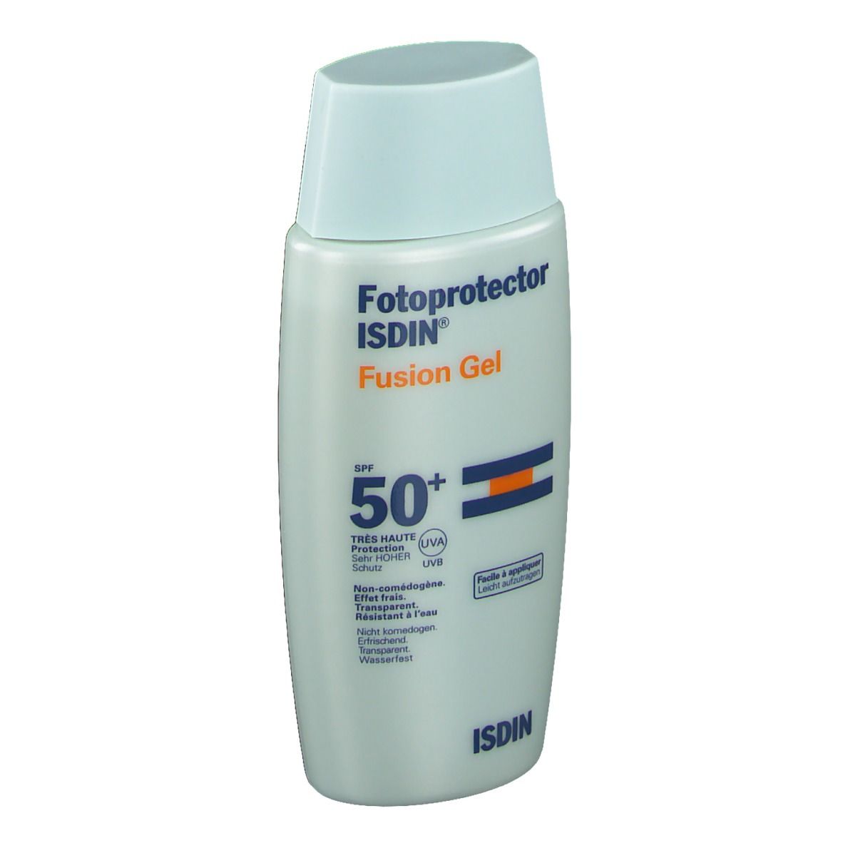 Flacon de crème solaire avec bouchon bleu. Inscription : Fotoprotector Fusion Gel SPF50+ d'ISDIN.