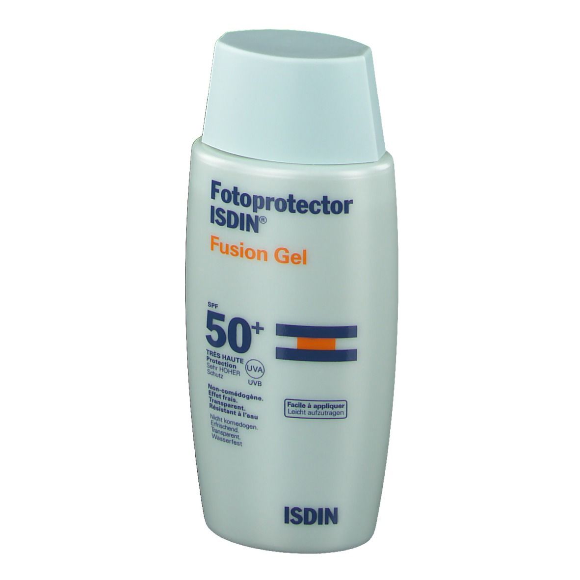 Flacon de crème solaire avec bouchon bleu. Inscription : Fotoprotector Fusion Gel SPF50+ d'ISDIN.