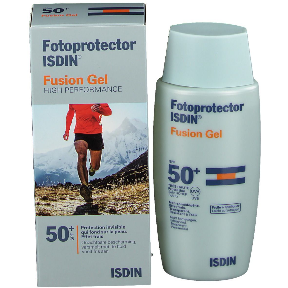 Flacon de crème solaire à côté de l'emballage. Inscription : Fotoprotector Fusion Gel SPF50+ d'ISDIN.