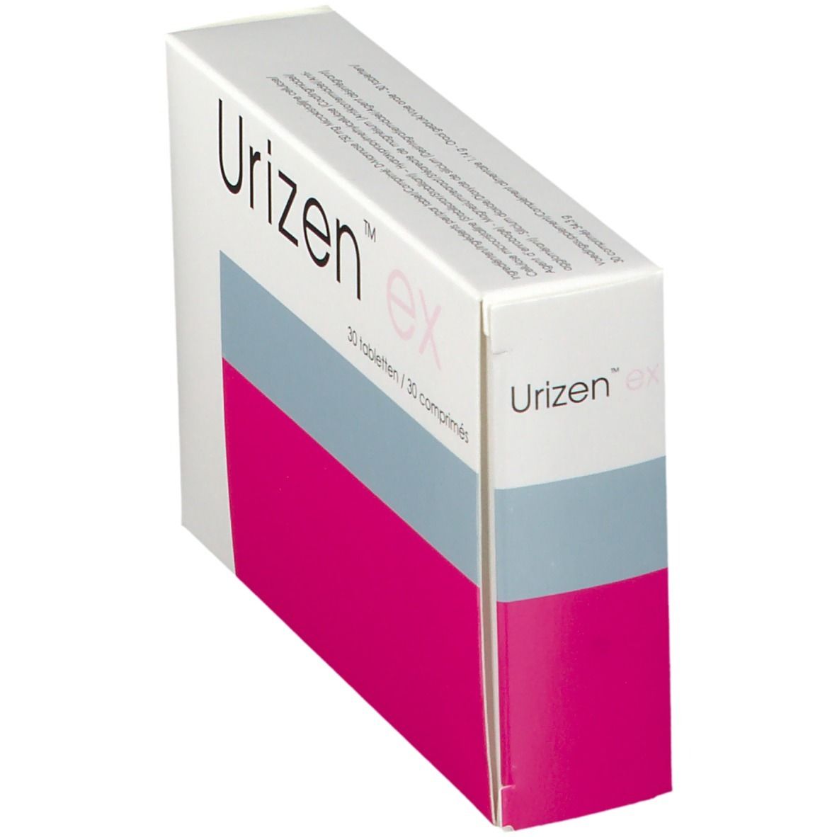 Boîte "Urizen ex" en perspective. Zones blanches, roses et grises. Texte et logo sur le devant. 30 comprimés.
