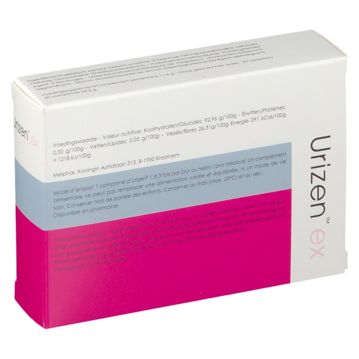Boîte "Urizen ex" avec texte au dos. Zones blanches, roses et grises. Texte sur les valeurs nutritionnelles et ingrédients.