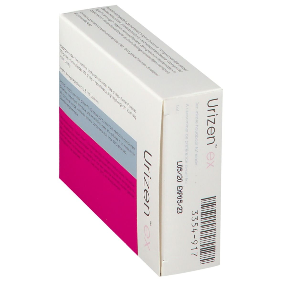 Boîte "Urizen ex" avec texte et code-barres. Zones blanches, roses et grises. Date de péremption et numéro de lot.