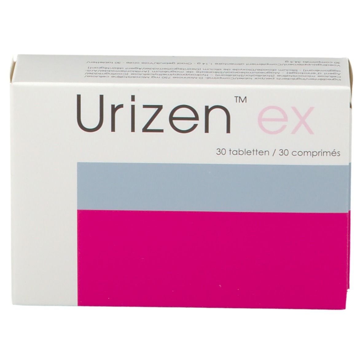 Boîte blanche "Urizen ex", 30 comprimés. Zones roses, grises et blanches. Logo et texte sur le devant.