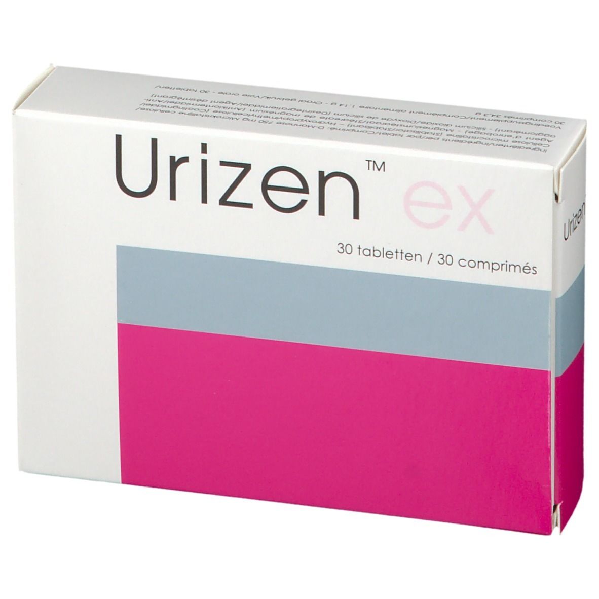 Boîte blanche "Urizen ex", 30 comprimés. Zones roses, grises et blanches. Logo et texte sur le devant.