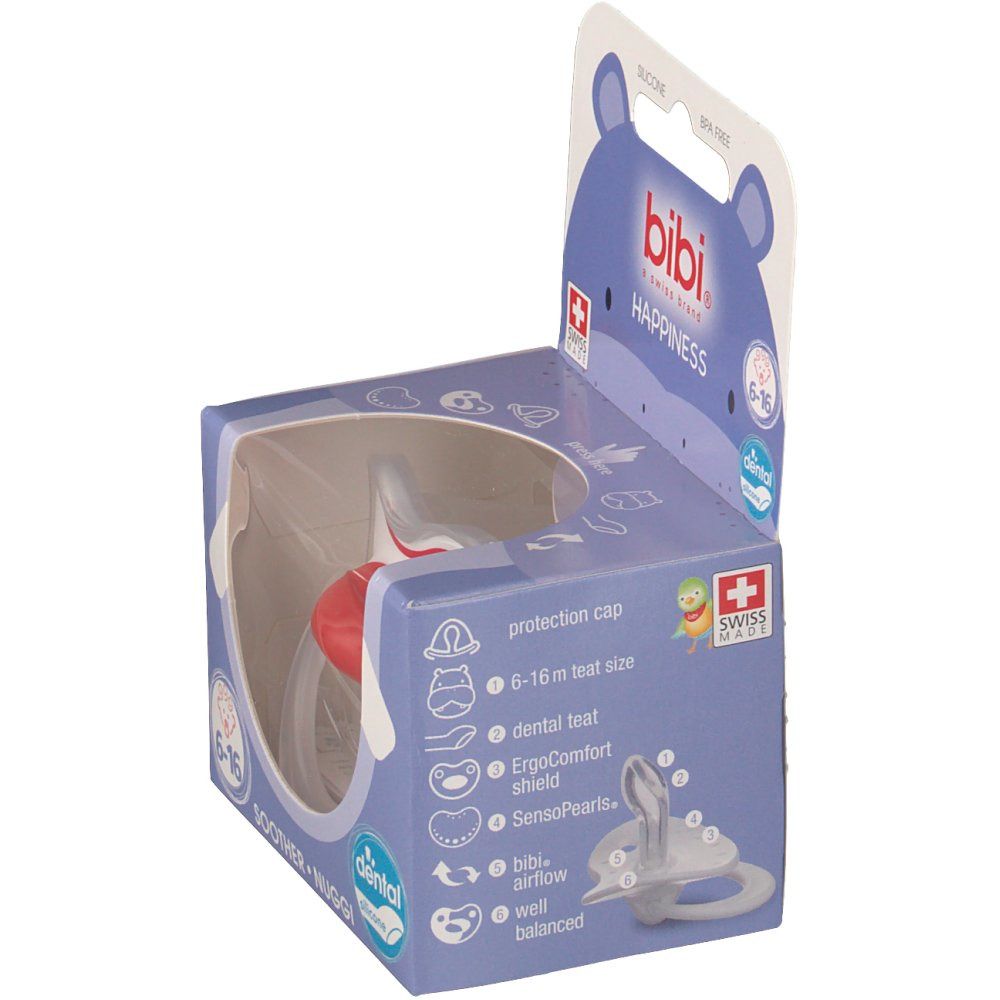 Verpakking met fopspeen. Blauwe doos met "bibi" logo en productafbeelding. Zwitsers kruis. Aanbevolen leeftijd 6-16 maanden.