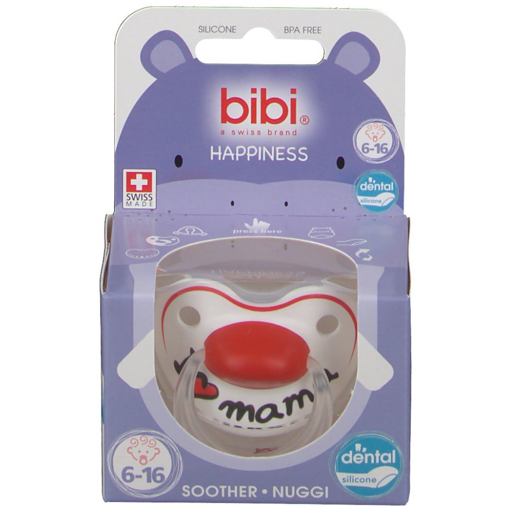 Verpakking met fopspeen. Blauwe doos met "bibi" logo en productafbeelding. Aanbevolen leeftijd 6-16 maanden. Zwitsers kruis.