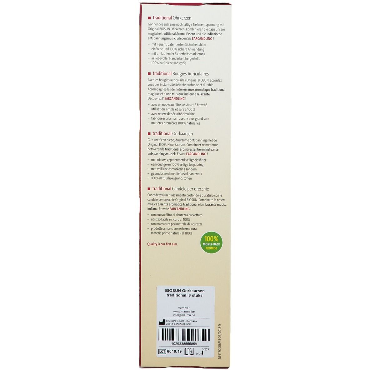 Dos de l'emballage avec texte multilingue. Logo "100% ingrédients naturels".