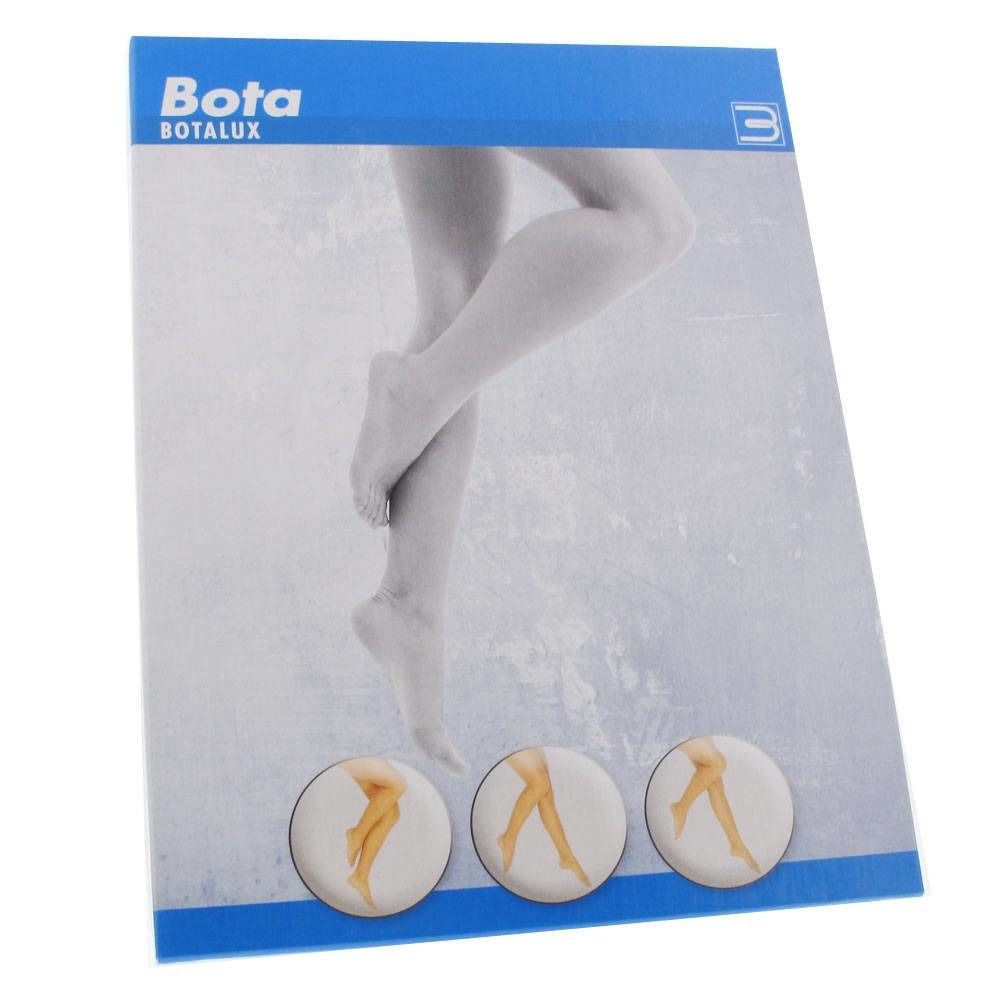 Emballage avec illustration du produit. Bande bleue supérieure avec "Bota Botalux". Jambes en bas. Trois images rondes du produit.
