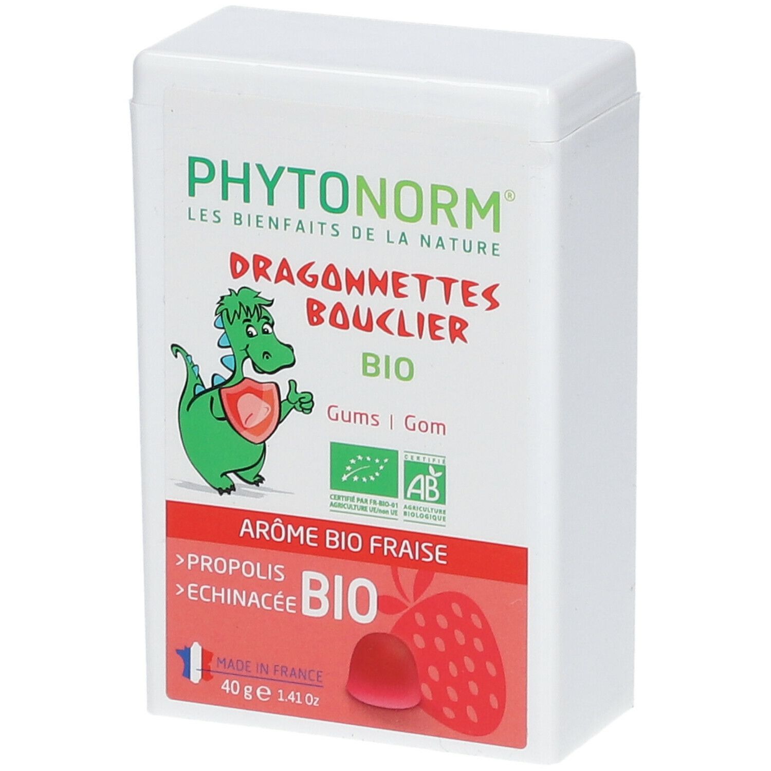 Witte doos met tekst PHYTONORM, Dragonnettes Bouclier, BIO. Illustratie van draak en aardbei. Ingrediënten: propolis, echinacea.