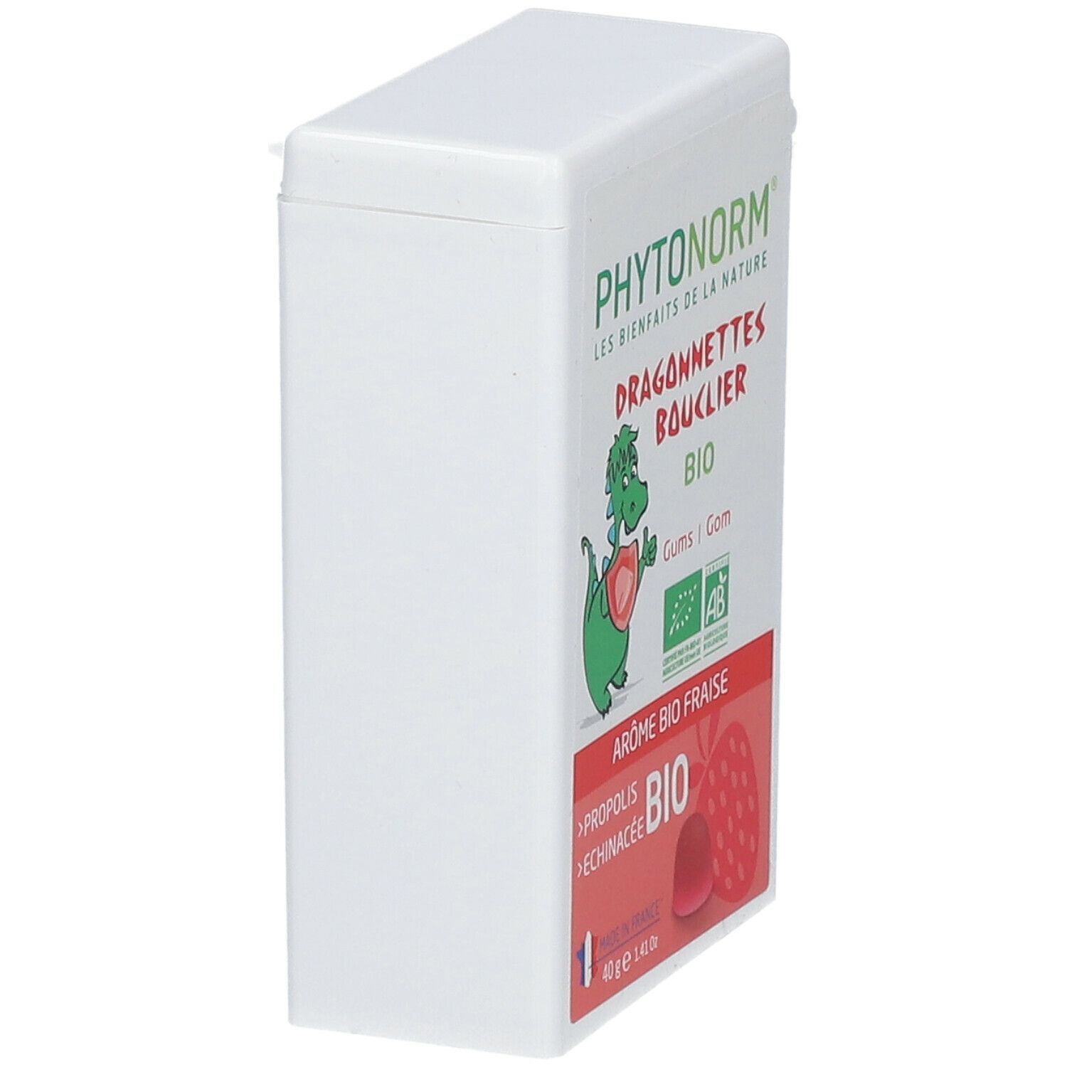Witte doos, schuin van de zijkant gezien. Tekst PHYTONORM, Dragonnettes Bouclier, BIO. Illustratie van draak en aardbei. Ingrediënten: propolis, echinacea.