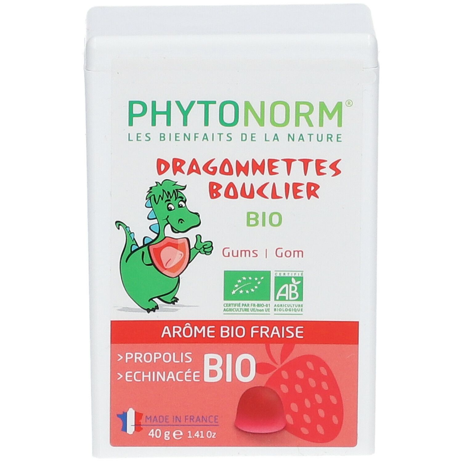 Witte doos met tekst PHYTONORM, Dragonnettes Bouclier, BIO. Illustratie van draak en aardbei. Ingrediënten: propolis, echinacea.