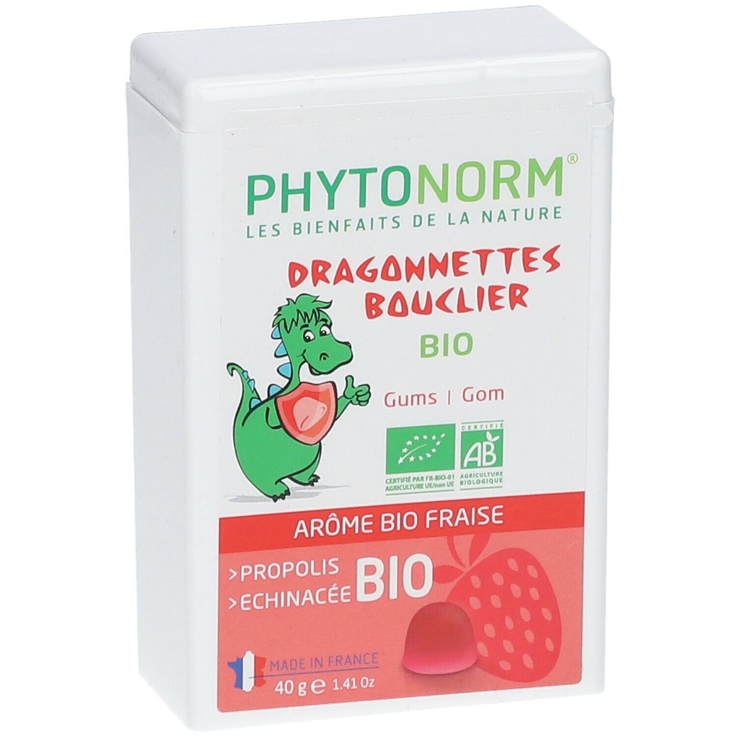 Witte doos met tekst PHYTONORM, Dragonnettes Bouclier, BIO. Illustratie van draak en aardbei. Ingrediënten: propolis, echinacea.