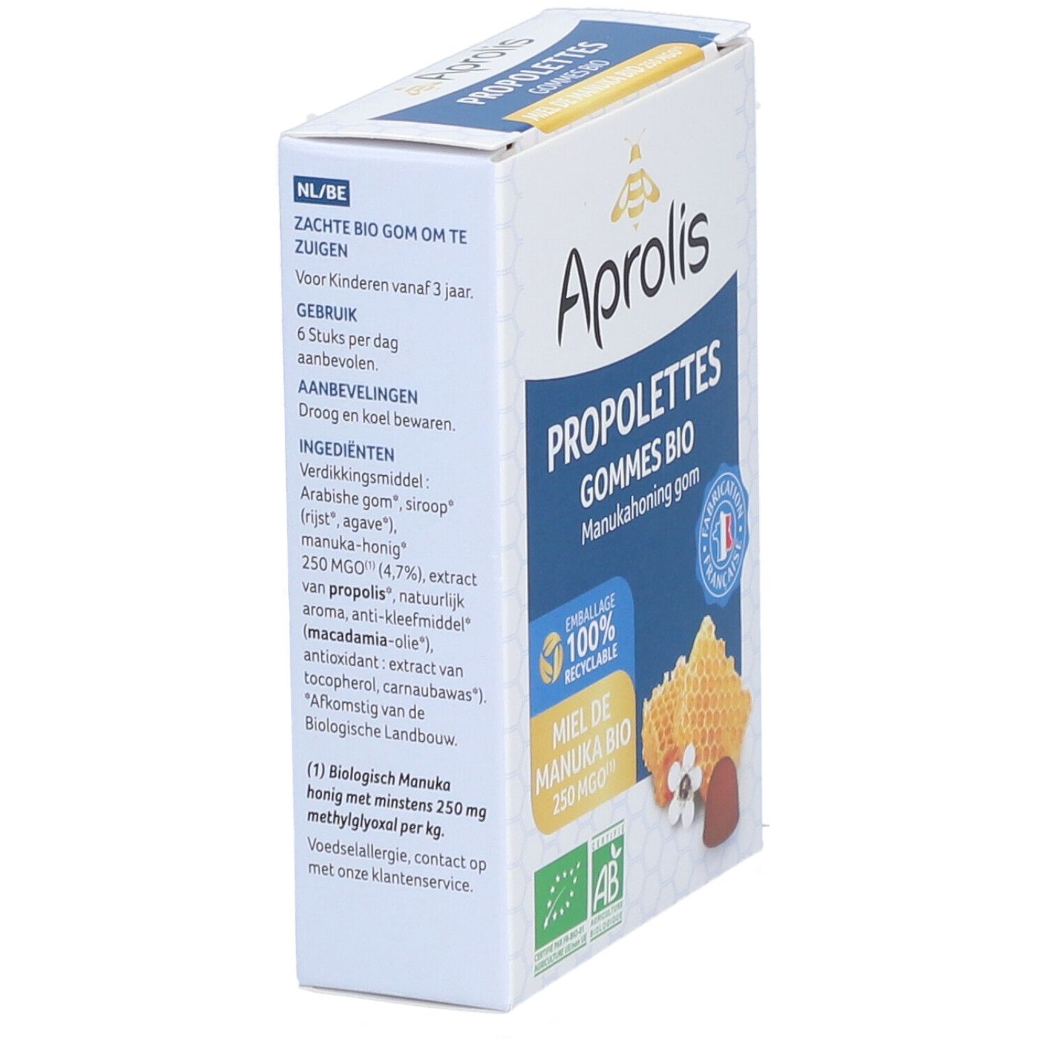 Doos "Aprolis Propolettes Gommes Bio". Zijaanzicht met productinfo, honingraat illustratie. Tekst in Nederlands en Frans.