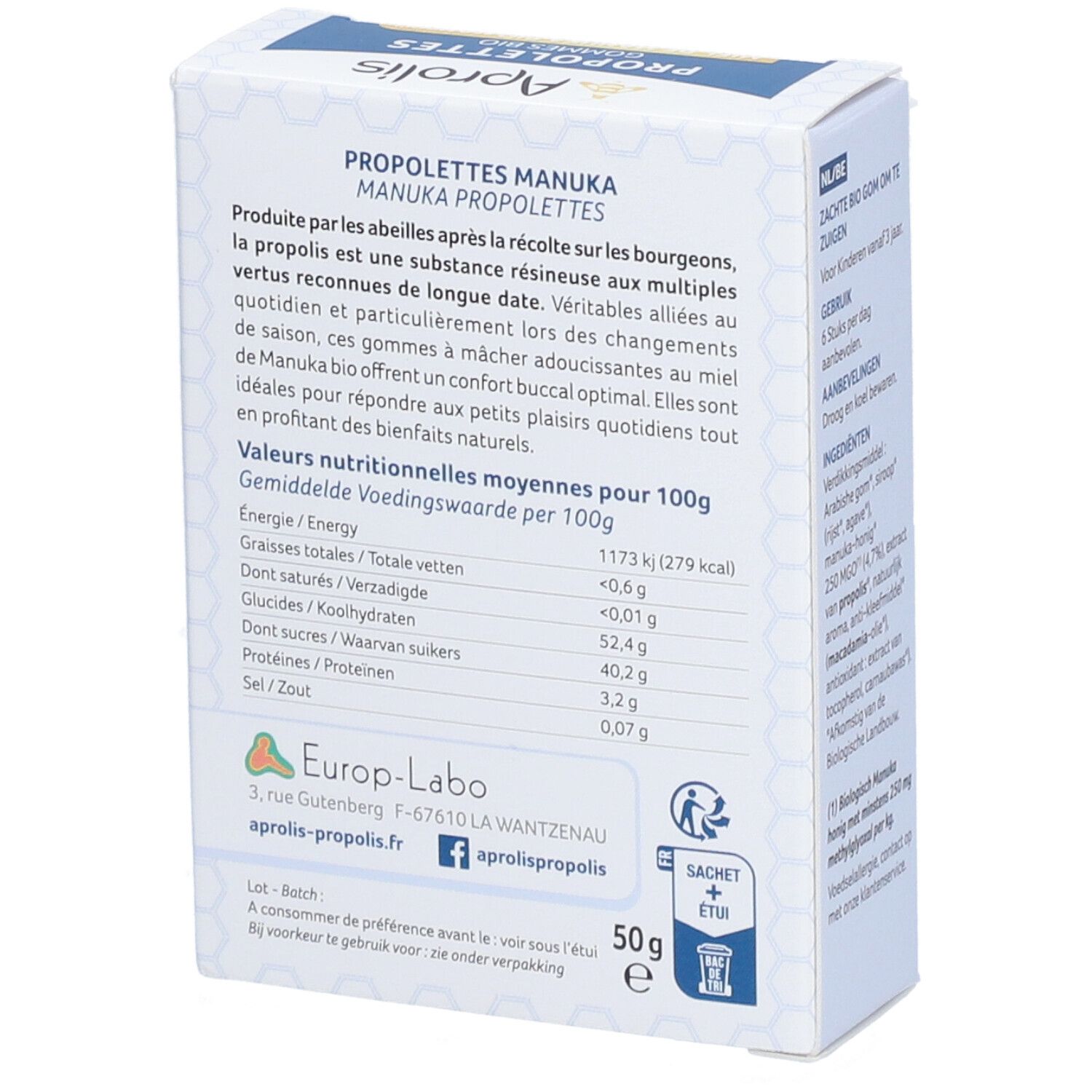Achterkant doos "Aprolis Propolettes Manuka". Tekst in het Frans. Voedingstabel. Europ-Labo adres en logo. 50g.