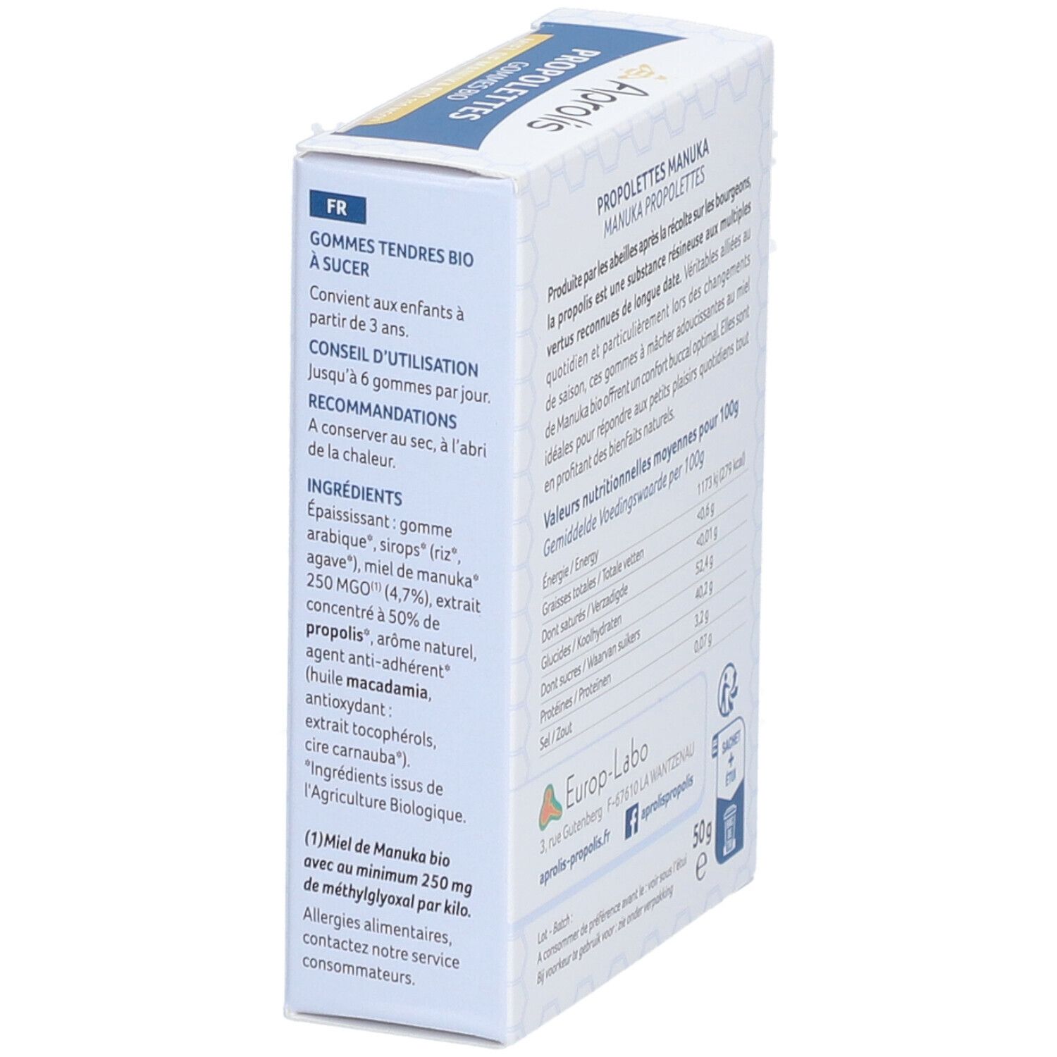 Doos "Aprolis Propolettes Manuka". Tekst in het Frans. Ingrediëntenlijst, gebruiksaanwijzing. Europ-Labo logo. 50g.