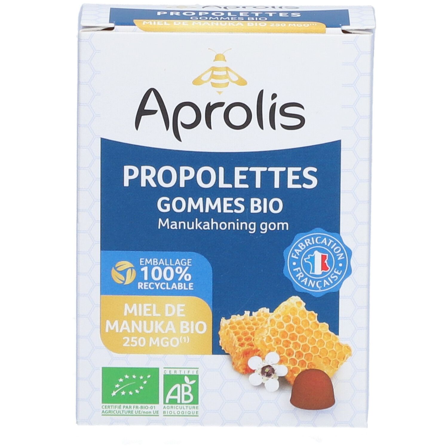 Doos "Aprolis Propolettes Gommes Bio". Blauw paneel met productinfo en honingraat illustraties. "Fabriqué en France" logo.