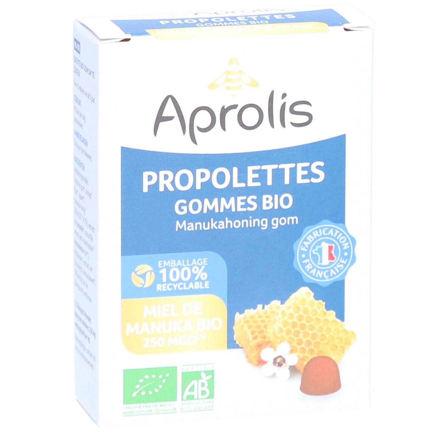 Doos "Aprolis Propolettes Gommes Bio". Blauw paneel met productinfo en honingraat illustraties. "Fabriqué en France" logo.