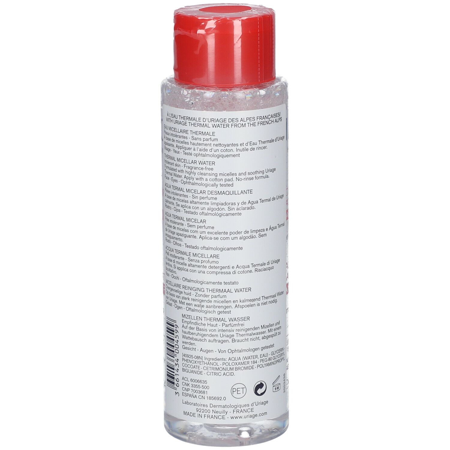 Flacone trasparente con tappo rosso. Retro con informazioni multilingue, inclusi gli ingredienti.