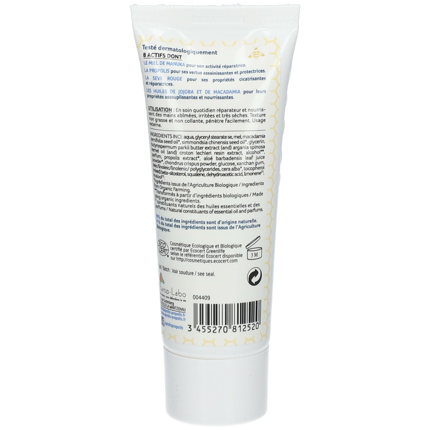 Dos du tube de crème. Texte sur les ingrédients, l'utilisation et les certifications. Logo bio et 50 ml.